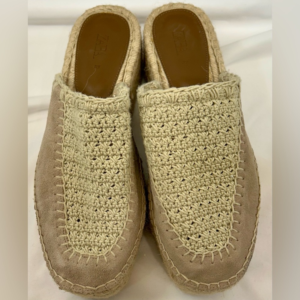 Zara Tan Crochet Platform Mule Espadrille Slip on, Size 6.5 US/37 EU, EUC
